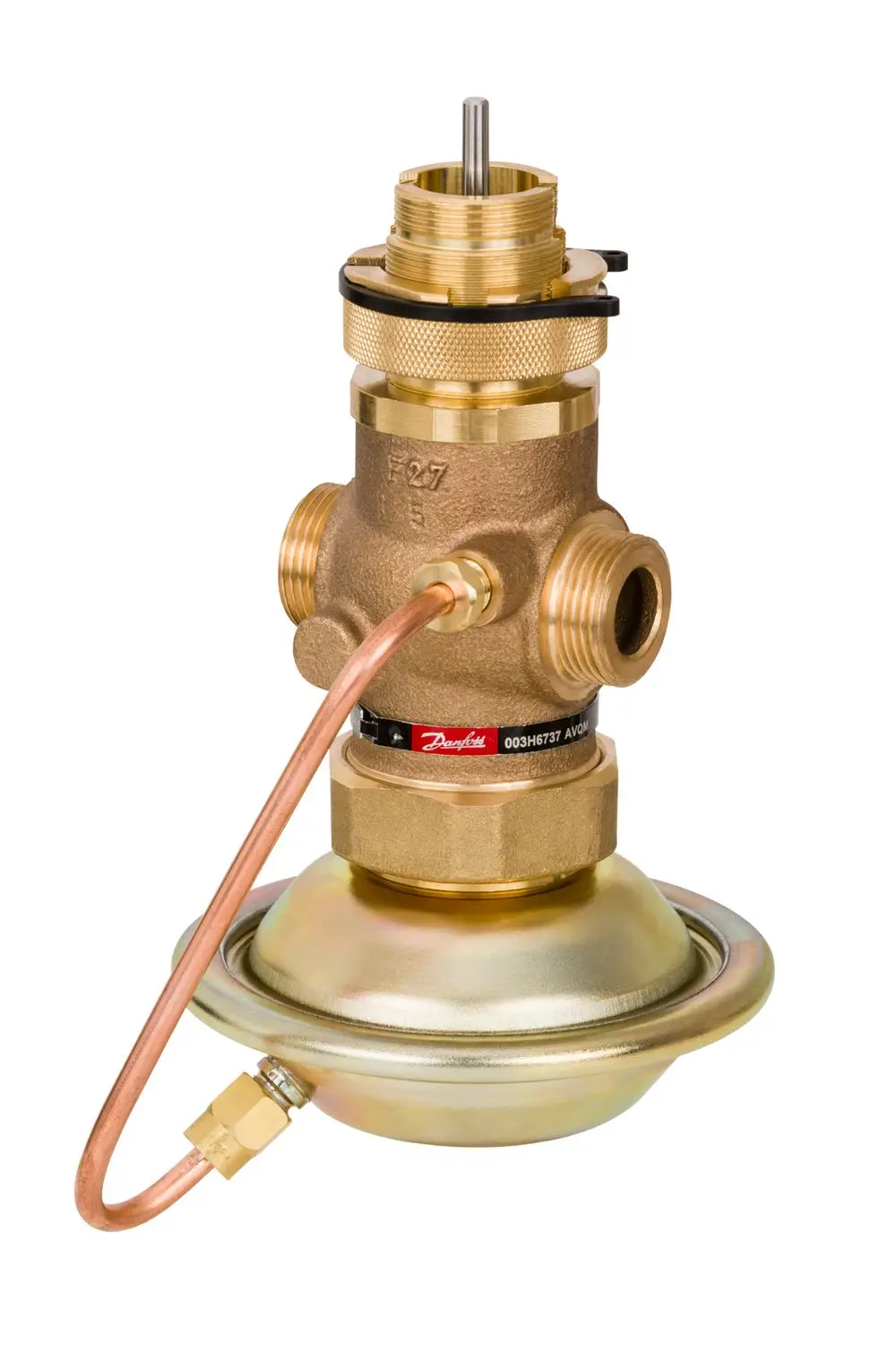 Kupfer-und Messing-Regelventil von Danfoss mit mehreren Anschlussmöglichkeiten und runder Grundplatte. Geeignet für die Regelung in Heizungs- und Kühlanlagen.